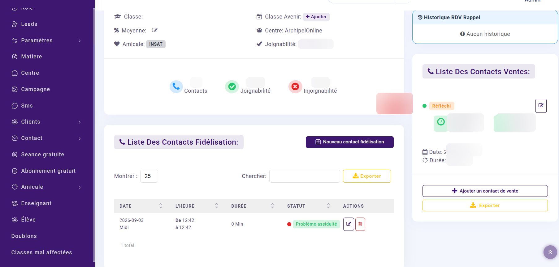 Fiche élève dans le CRM Archipel Mix, données floutées pour confidentialité