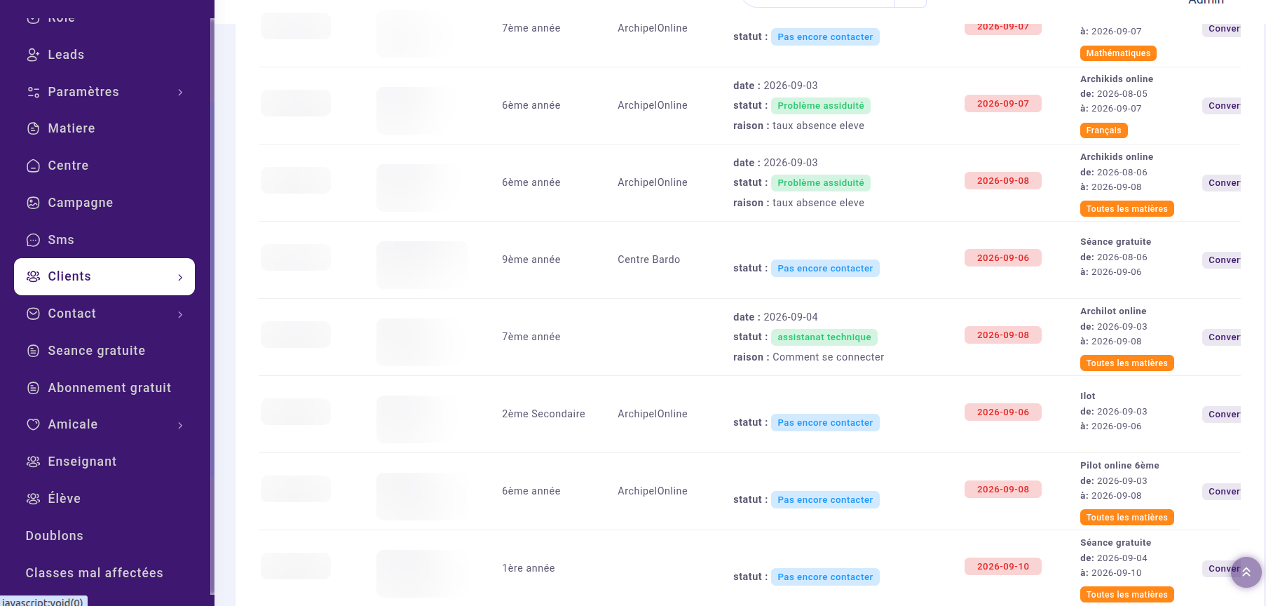 Liste des clients dans le CRM Archipel Mix, noms et identifiants floutés pour confidentialité