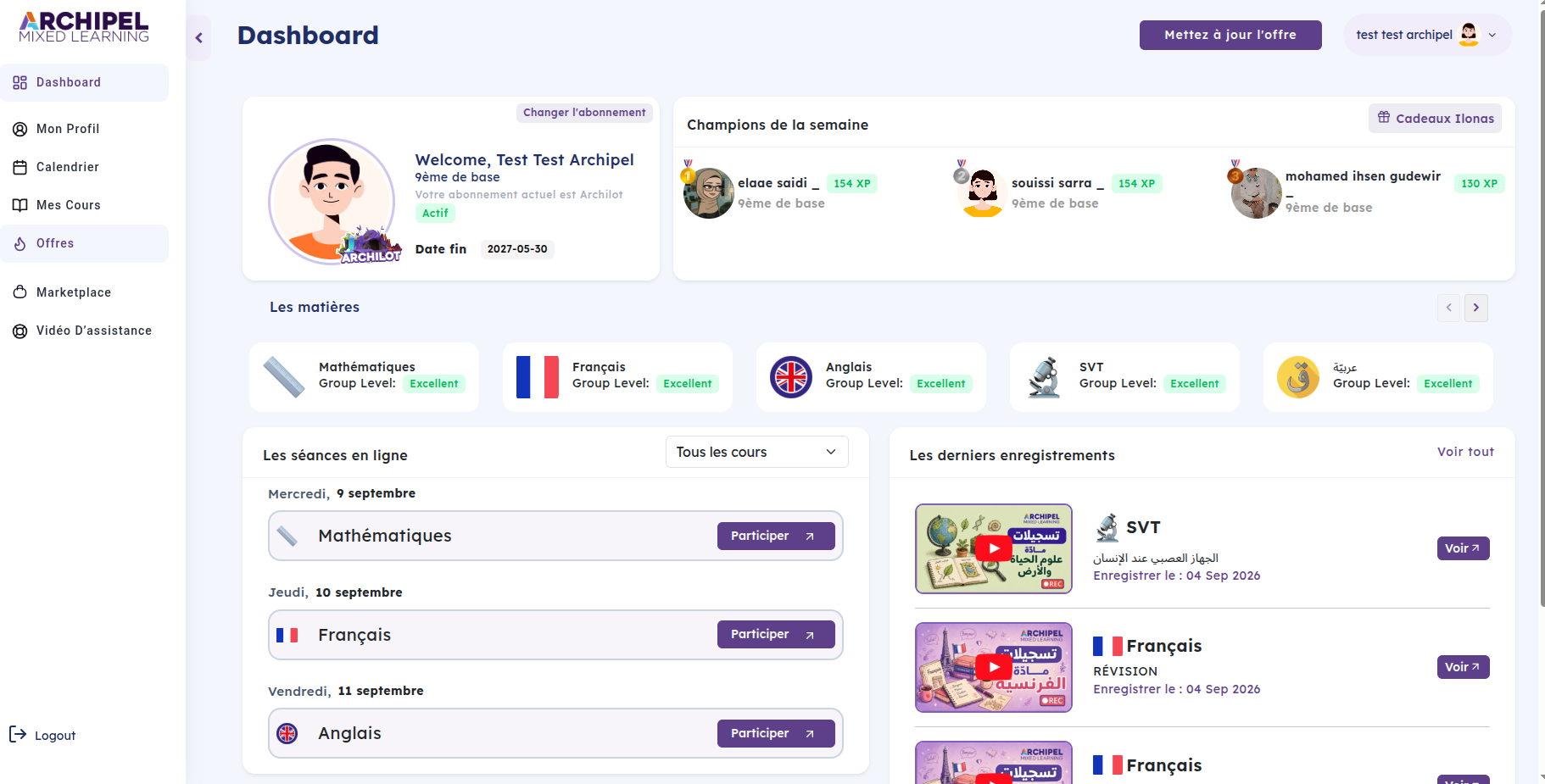 Tableau de bord élève de la plateforme Archipel Mixed Learning, développé par SoftSquare IT