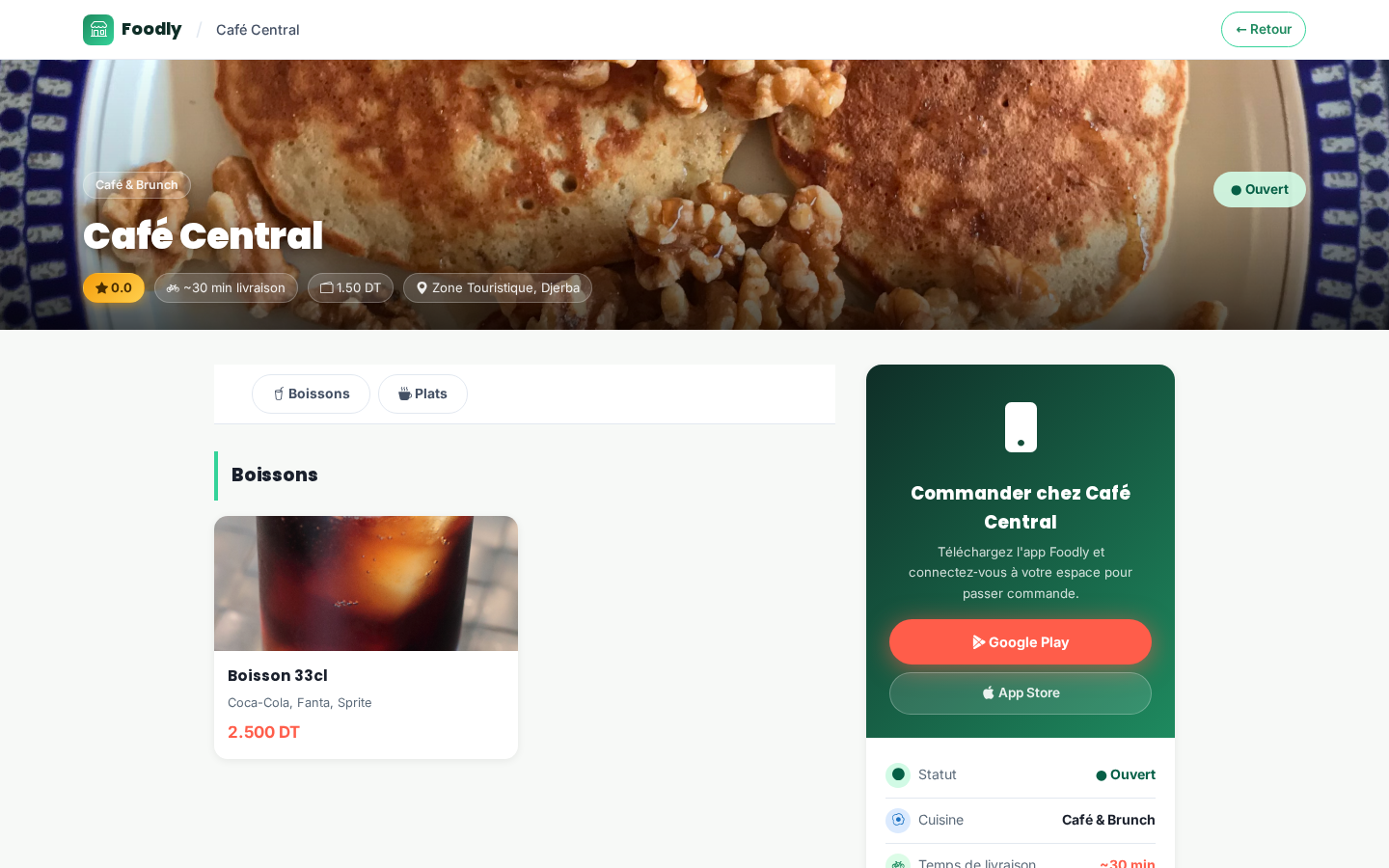 Page menu d'un restaurant sur Foodly avec plats, prix et encart de commande via l'application