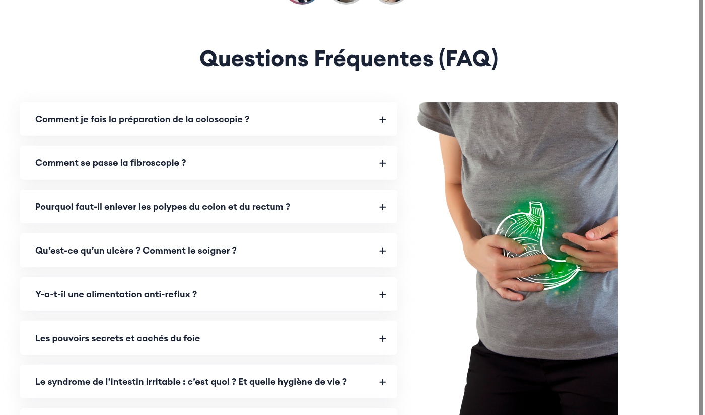 Page FAQ avec questions dépliables sur la préparation des examens digestifs