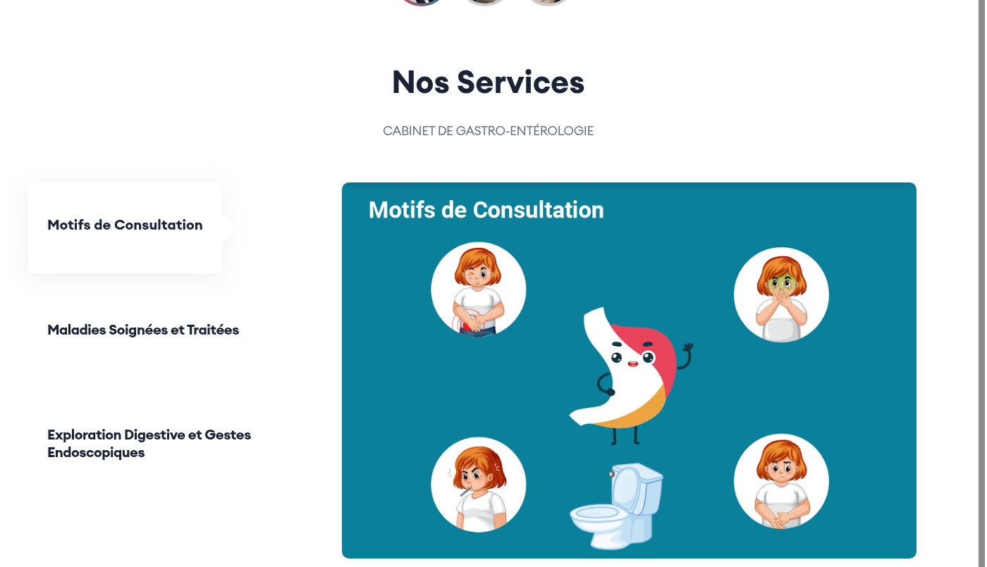 Page Prestations avec onglets Motifs de consultation, Maladies soignées et Exploration digestive