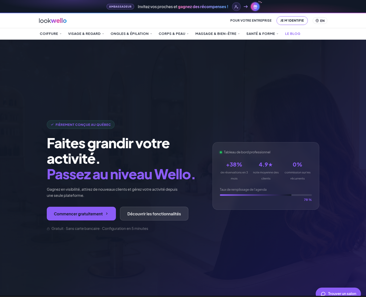 Page « Pour votre entreprise » de lookwello avec le tableau de bord professionnel