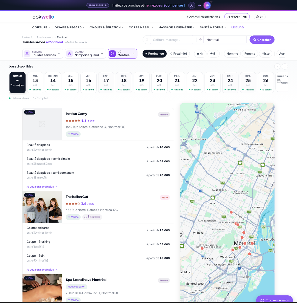 Résultats de recherche de salons à Montréal sur lookwello, avec notes, avis et tarifs